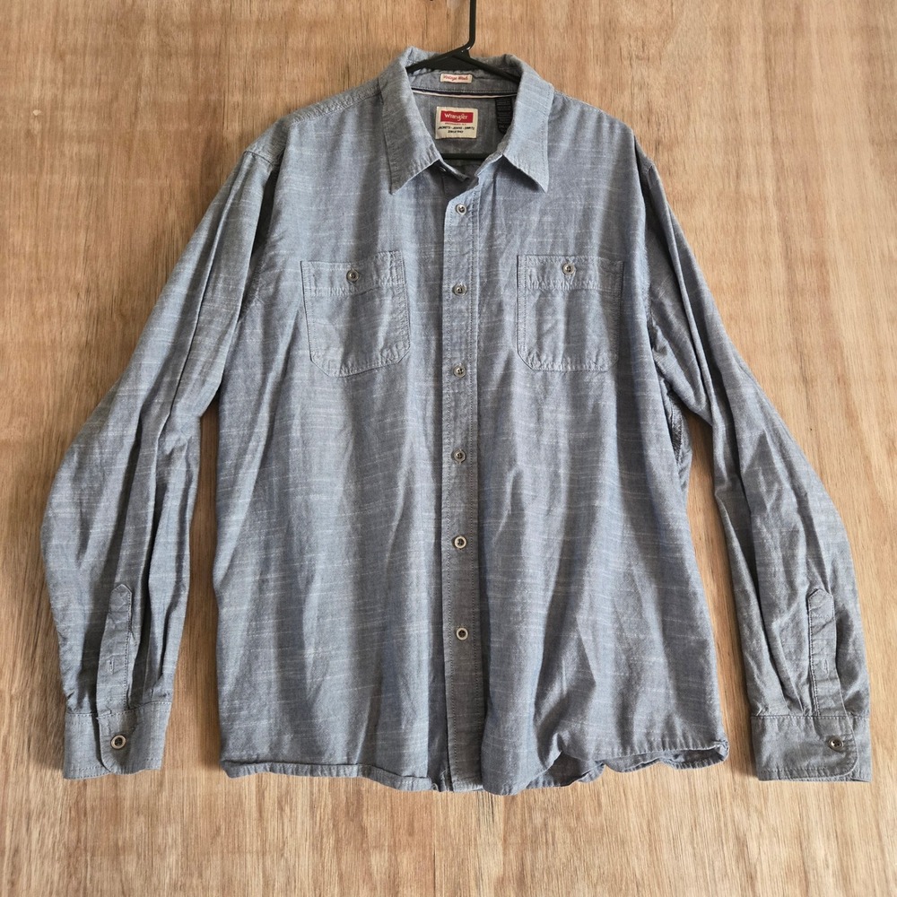 Wrangler Mens 2XL Blue Vintage Wash Long Sleeve Button Down Cotton Shirt
